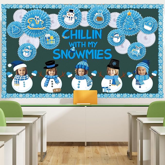 Pasimy Winter Bulletin Board Decorations January Bulletin Board Set Snowman Classroom Decor with 15 Paper Fans Holiday Cutouts Snowflake Borders for Winter Wonderland Home Office Wall Door Supplies