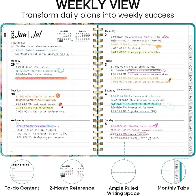 Academic Planner 2026-2027, Weekly and Monthly Calendar Book, July 2026 – June 2027, Hardcover Planner with Tabs, Perfect for Teachers, Students, Women & Men, A5 (6.4" x 8.5") - Oil