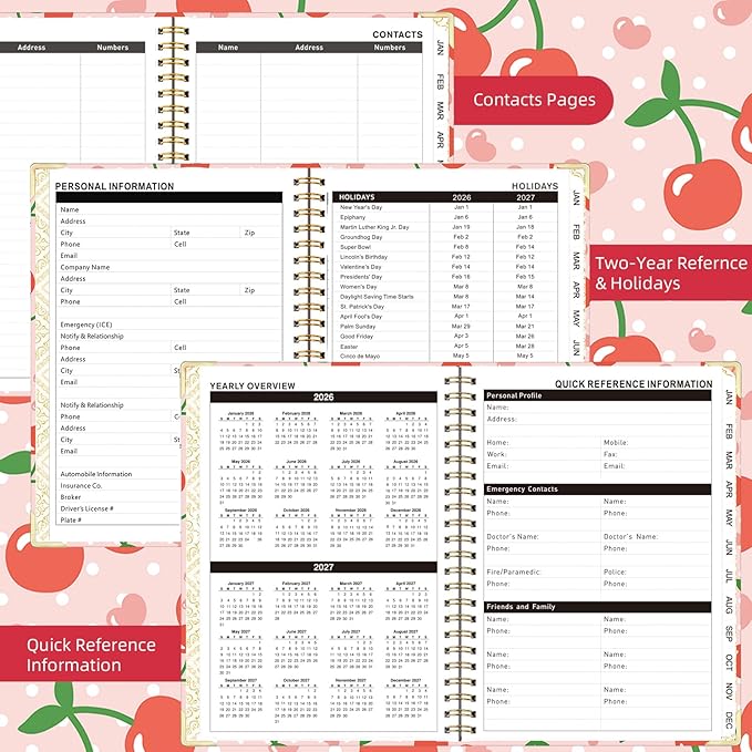 2026 Monthly Planner, Jan.2026 - Dec.2026 Weekly Monthly Planner 6.25"x8.5" with Page Tabs, Calendar Hardcover with Inner Pocket, Elastic Band, Twin-Wire Binding, Bookmark, Cherry Polka Dots