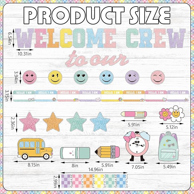 Mooliwe 94 Pcs Composition Notebook Classroom Decor Welcome Back to School Bulletin Board Set Checkered Classroom Decor Smile Face Stationery Paper Cutouts for First Day of School Wall(Boho Pastel)