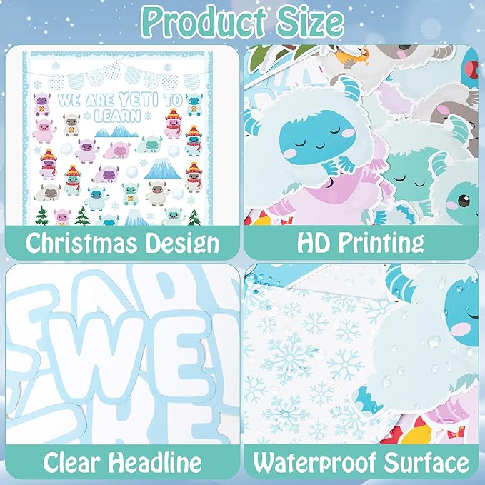 Christmas Bulletin Board Decoration - 123pcs Snow Monster Cutout with Banner Decor Set, Winter Yeti Fireplace Chalkboard Classroom Wall Accents Ideas Kits for School Class Home Supplies