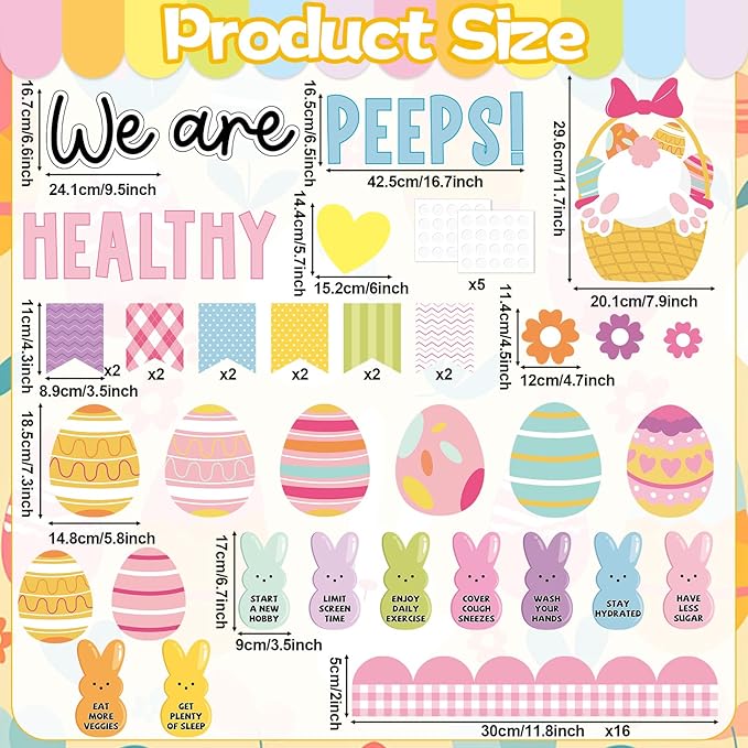 Easter Bulletin Board Decorations Set Health Habits Classroom Decoration Easter Egg Bunny Flower Cutouts Health Theme Bulletin Board for Spring Holiday Party School Home Nursery Chalkboard Wall Decor