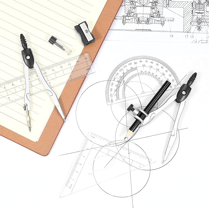 Vobou Math Geometry Kit Sets 10 Piece Student Supplies with Shatterproof Storage Box,Includes Rulers,Protractor,Compass,Eraser,Pencil Sharpener,Lead Refills,Pencil,for Drafting（Black）
