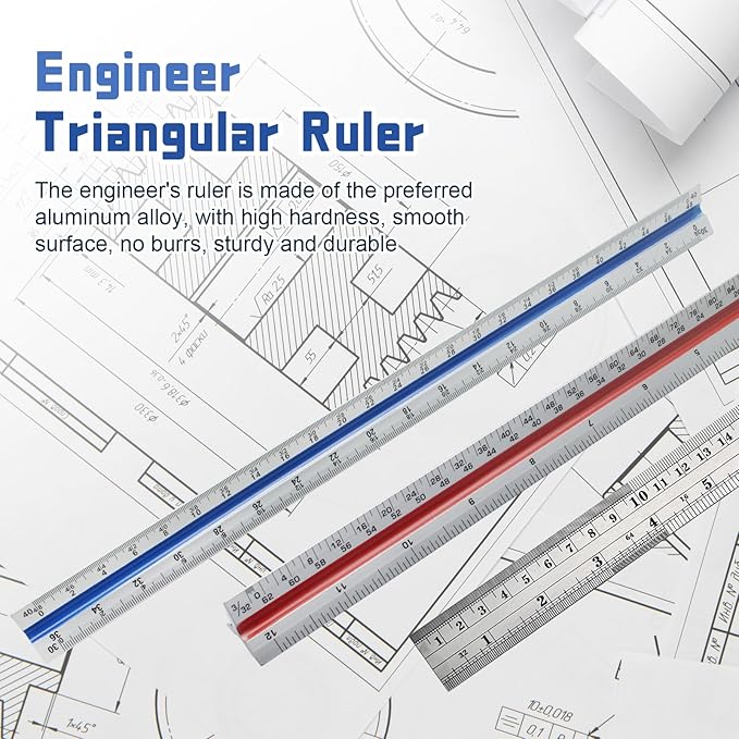 Biaungdo 3 Pack Architectural and Engineer Scale Ruler Set, 12 Inch Aluminum Triangular Drafting Tool, Laser-Etched Architect Scales Ruler for Draftsman, Standard Metal Ruler Included, Color-Coded