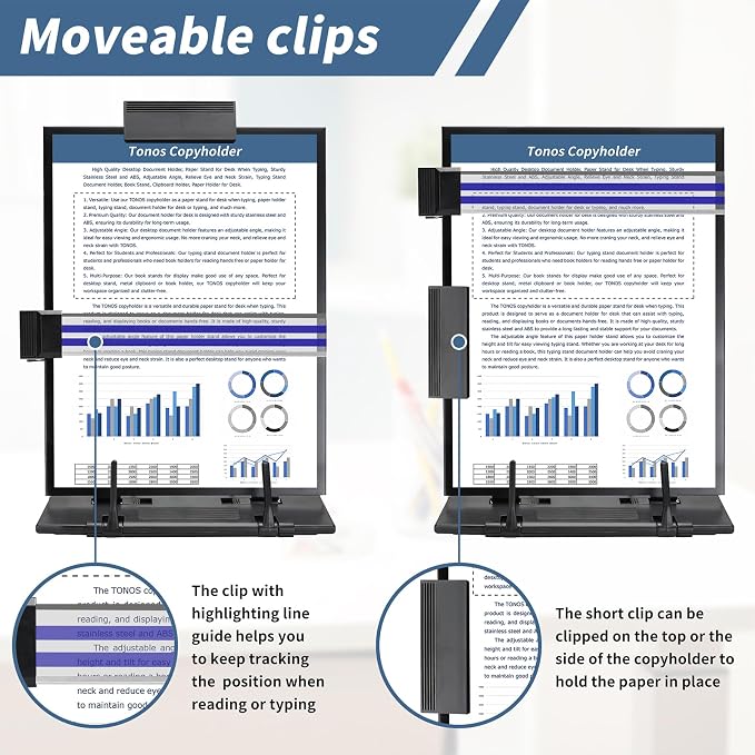 TONOS Paper Stand Document Holder - Quality Document Holder for Desk, Paper Stands for Desk When Typing, Sturdy Stainless Steel Copy Holder, Adjustable Angle, Papers Holder Stand for Desk Typing