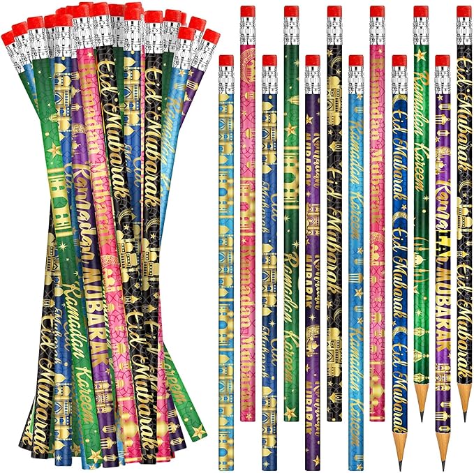 Cinrobiye 100 PCS Ramadan Pencils Eid Mubarak Wood Pencils with Eraser Ramadan Mubarak Party Gifts Stationery Pencil Bulk for Adult School Classroom Office Giveaways Prizes Islamic Party Supplies