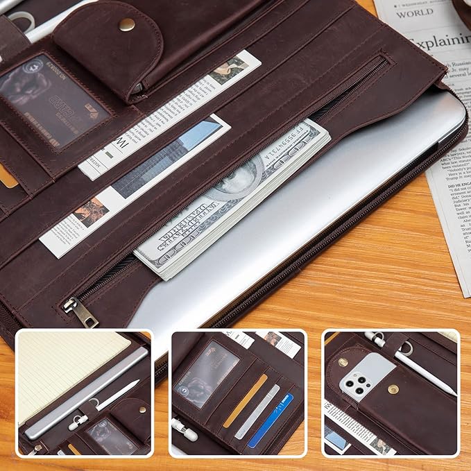 YIWEN Personalized Leather Portfolio, Zippered Padfolio Organizer Case, 8.5 x 11" Notepad Holder and 13" Tablet Folio, Professional Business Travel for Women and Men (Dark Brown, Crazy Horse Leather)