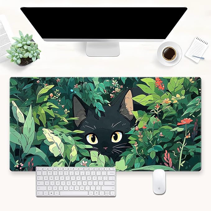 Black Cat Mouse Pad Green XL 31.5 x 15.7 in | Cute Gaming Mousepad, Kawaii Computer Mat, Full Desk Mouse and Keyboard Pad, Stitched Edge, Anti-Slip Washable
