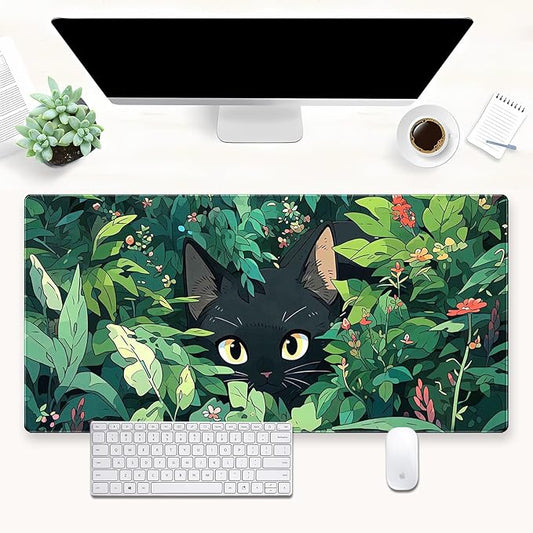 Black Cat Mouse Pad Green XL 31.5 x 15.7 in | Cute Gaming Mousepad, Kawaii Computer Mat, Full Desk Mouse and Keyboard Pad, Stitched Edge, Anti-Slip Washable
