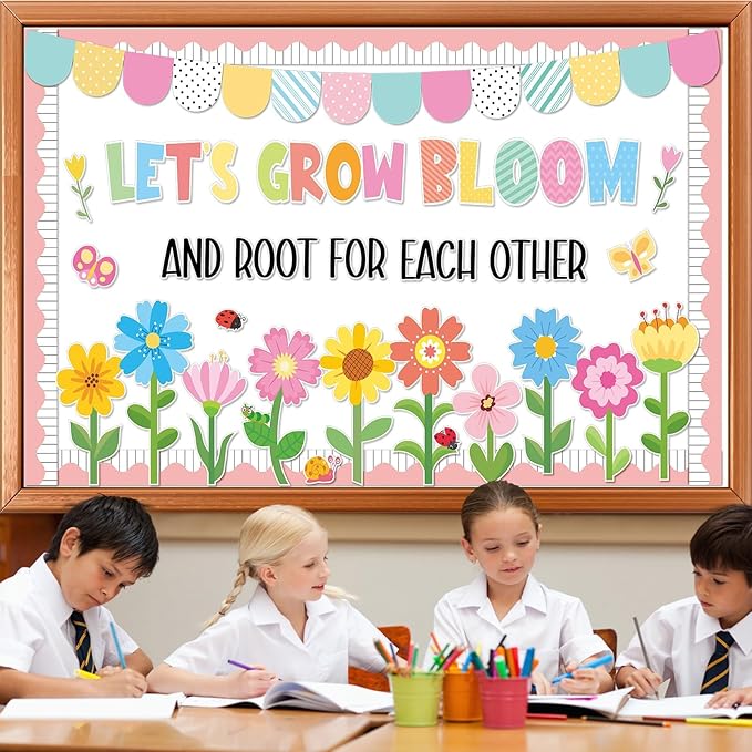 ZOIIWA Summer Bulletin Board Decorations Spring Bloom Flower Classroom Bulletin Board Borders Colorful Floral Butterfly Cutouts for Back to School Birthday Party Supplies School Home Office Wall Decor