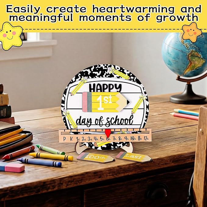 Kosiz First and Last Day of School Sign with Back to School Board Gifts Wooden First Day Sign Reusable Dry Erase 8'' (Composition Notebook and Pencil)