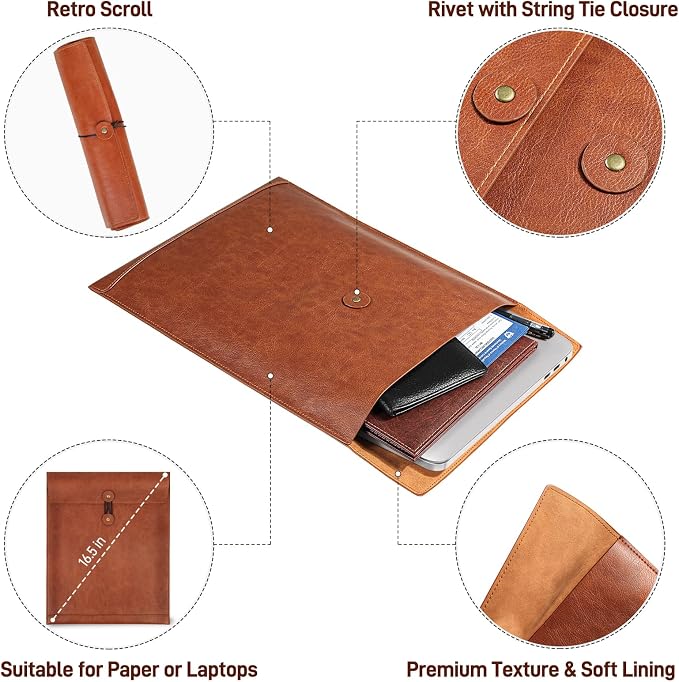 Blue PU Leather File Folder for Documents,Important Document Folder with String Tie,Laptop Sleeve Notebook Case,Leather File Organizer,A4 Envelopes Filing Folder