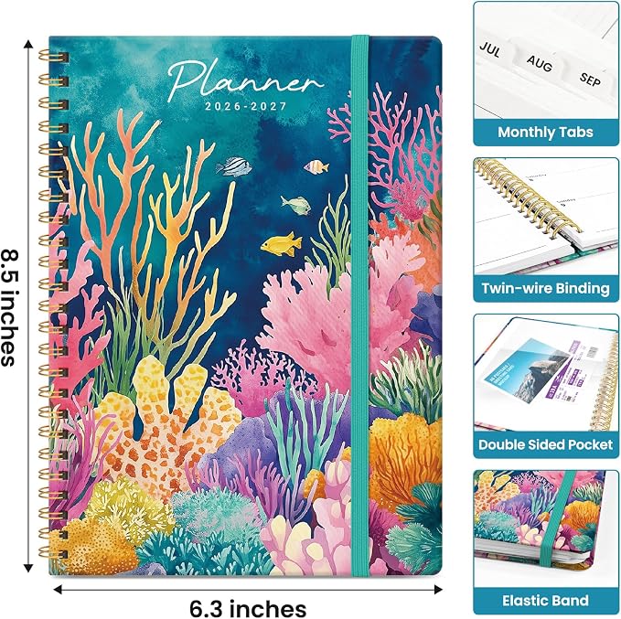 Planner 2026–2027, Weekly & Monthly Academic Organizer for School Year, Jul 2026–Jun 2027, Hardcover Planner with Tabs, Back to School Essential, 6.3" x 8.5", Coral Garden