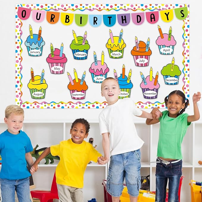Justforjoyful Birthday Bulletin Board Classroom Decorations Colorful Cupcake Cutouts Colorful Candle Name Tags Decoration for Wall Chalkboard Preschool Classroom Decor Teacher Back to School Supplies