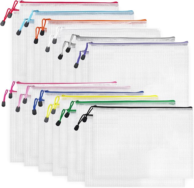 D-KINGCHY 24Pcs Zipper Storage Bags, Plastic Mesh Zippered Pouch for Organization, Waterproof Versatile Bags for Office Supplies School Travel (A4 Size 13.3''x9.4'', Assorted Color Zipper)