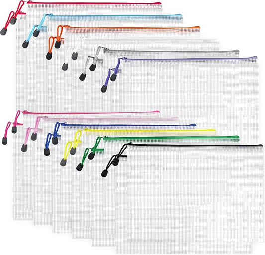 D-KINGCHY 24Pcs Zipper Storage Bags, Plastic Mesh Zippered Pouch for Organization, Waterproof Versatile Bags for Office Supplies School Travel (A4 Size 13.3''x9.4'', Assorted Color Zipper)
