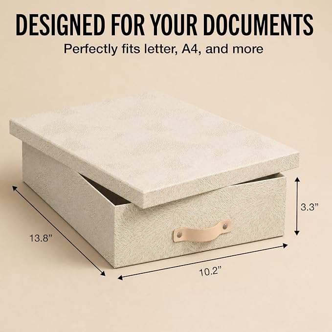 Bigso Oskar Fiberboard Document Storage Box with Lid for A4 and Letter Size Papers - Stylish, Sturdy, and Stackable Keepsake Box with Leather Handle - W10.2in x D13.8in x H3.3in - Waves Gold