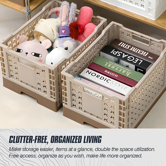Domiella 2-Pack Foldable High-Strength PP Ventilated Baskets - 25L Collapsible Storage Bins for Kitchen, Camping, Office & Home, Wear Resist Indoor Outdoor Organizer, Large Brown