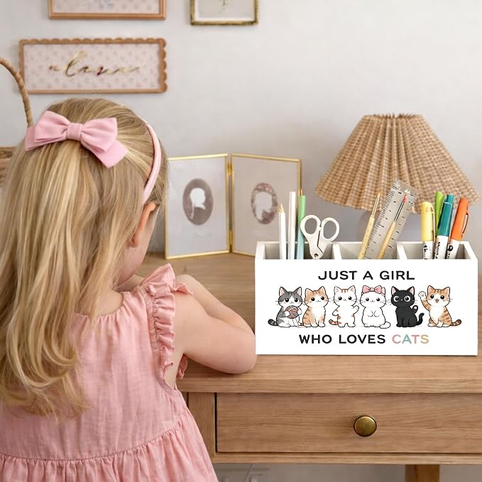 Cat Lover Desk Organizer Wooden Pen Pencil Holder for Desk, 3 Compartments Office Desk Accessories, Just A Girl Who Loves Cats Desk Decor, Cute Cat Gifts for Women Home Office Desk Storage