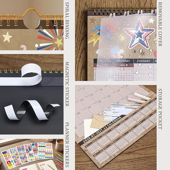 Ospelelf Wall Calendar 2026-2027 with Storage Pockets, 17" X 12" Monthly Large Planner Pad with Protective Cover and Stickers, for Family Fridge Office Teacher School, Use July 2026 to December 2027 Kraft Season