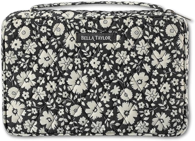 Bella Taylor Small Bible Cover for Women - Quilted Cotton Bible Case for 6 x 9 inch Books - Bicolor Floral Black