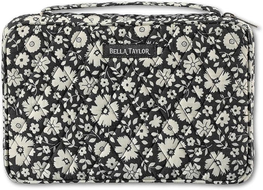 Bella Taylor Small Bible Cover for Women - Quilted Cotton Bible Case for 6 x 9 inch Books - Bicolor Floral Black