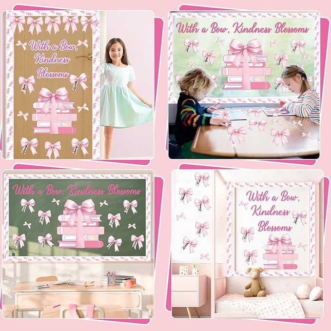 Pink Bow Bulletin Board Set Motivational Kindness Classroom Bulletin Board Decorations Bow Reading Book Cutouts Border Classroom Decorations for Back to School Office Home Chalkboard Decor Wall Door