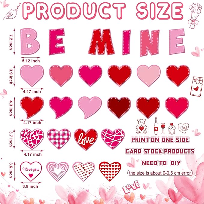 68 Pcs Valentine's Day Classroom Bulletin Border Decor Set Valentine's Day Hearts Cutouts Pink Red Be Mine Cutouts for Valentines Classroom Holiday Bulletin Border Wall Decor (Love)