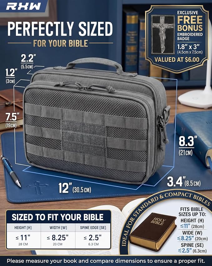 RXW Large Bible Cover Bag for Men Women, Tactical Bible Carrying Case Fully Padded of Double Layer Design, Utility Church Bag Organizer with Shoulder Strap for Tablet Art EDC, Christian Gifts for Mom