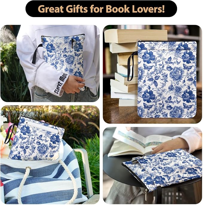 Blue and White Porcelain Vintage Chinoiserie Printing Book Lovers Gifts Book Sleeve for Women Grandma Readers Librarian with Handled Waterproof BookCover Case Book Club Gifts Book Accessories