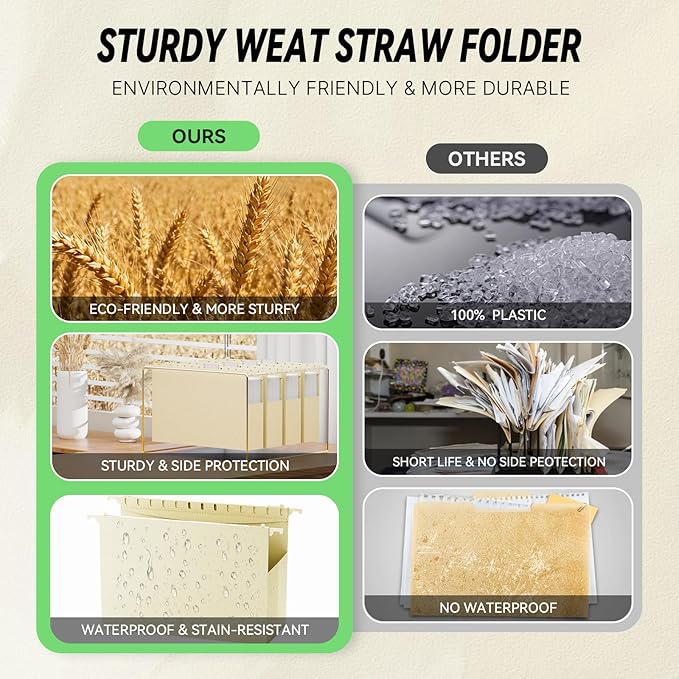 XINGIA Wheat Straw Plastic Hanging File Folders Legal Size,Extra Capacity 2 Inch Expansion File Cabinet Folders for File Frame Box,12 Pack Heavy Duty File Organizer for Bulky Files(Morandi Beige)