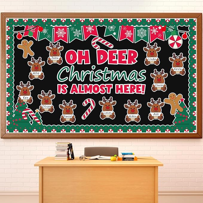 Justforjoyful Christmas Bulletin Board Decoration Christmas Deer Classroom Bulletin Board Set Xmas Reindeer Name Tag Snowflake Candy Cutouts for School Chalkboard Wall Winter Holiday Party Supplies
