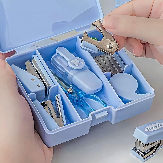 8-Piece Mini Office Supplies Kit Set - Portable Desk Accessories Set for School, Office & Back to School Gift (Blue)