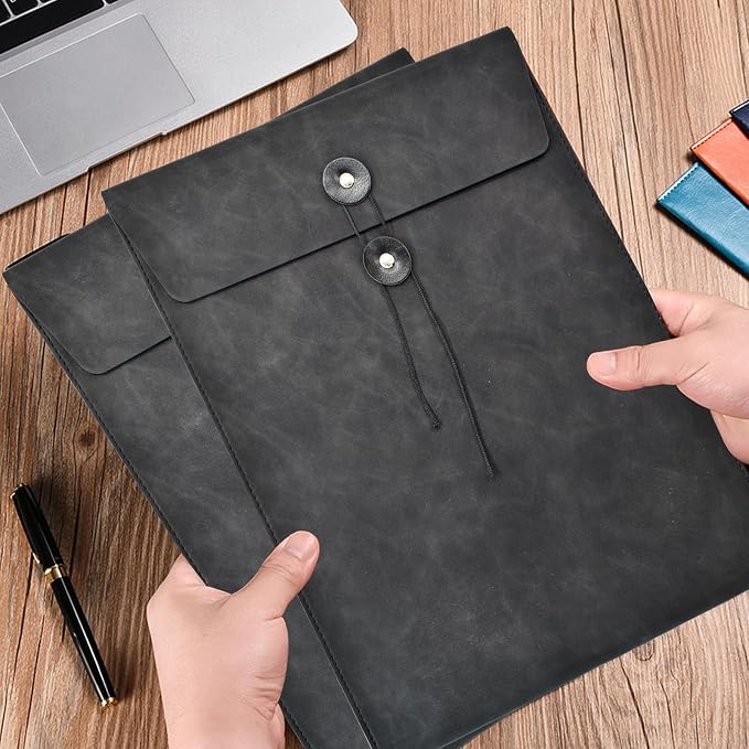 VANRA Vertical PU Leather Envelope File Folders Expanding Document Holder Organizer Pocket Folder Portfolio for A4 Letter Size Paper with String Tie Closure (Black)