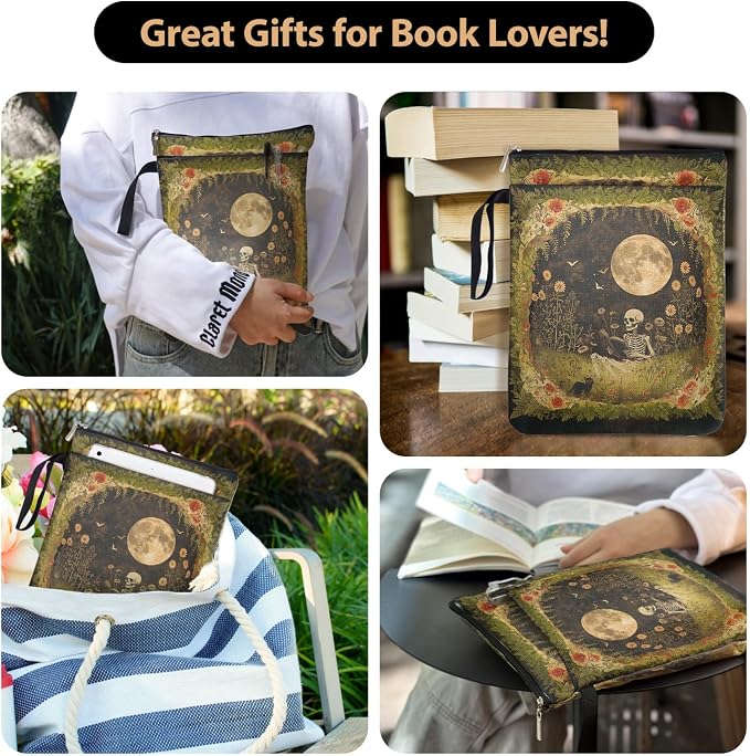 Dark Academia Gifts for Book Lovers - The Reader Skeleton & Floral Book Sleeve | Vintage Waterproof Book Cover for Bookworm Teachers Librarian, Halloween Reader Gifts