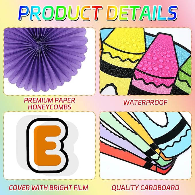 Justforjoyful Welcome to Our Pack Bulletin Board Decorations with 3D Tissue Paper Flowers Paper Fan Back to School Crayon Classroom Bulletin Board Border Set Colorful Crayon Name Tags School Supplies