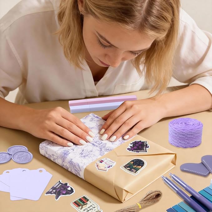 J6&H6 6 Set Blue-Themed Blind Date with a Book Gift excluding Books,Gift Set Including Lace Ribbons Patterned Paper Leather Bookmarks Stickers Blue Labels Kraft Paper for Literary Gifts (Purple)