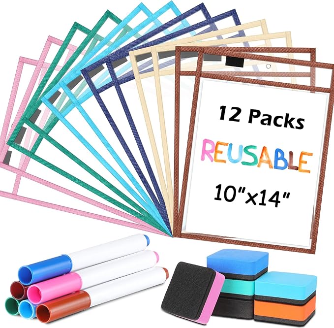 24 Pcs Dry Erase Pocket Reusable Sleeves 10" x 14" Clear Plastic Sheet Protectors with Markers and Mini Dry Erasers for Paper(Advanced Boho)