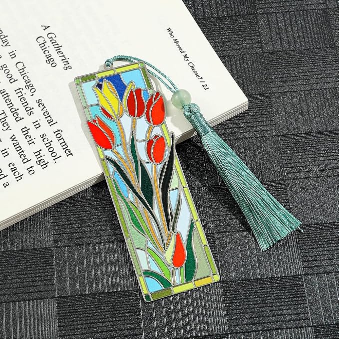 Elegant Tulip Flower Bookmark with Tassel for Women Lady - Metal Brass Book Mark for Book Lover Gifts, Studying Reading Supplies Books Accessories Collection