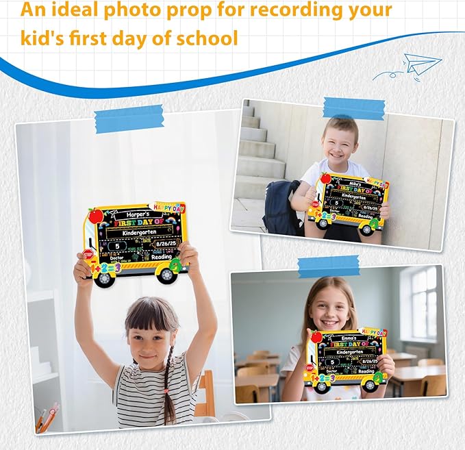 D4DREAM First Day of School Board - 14''x10.5'' Double-Sided Bus 1st First and Last Day of Preschool Pre-K Chalkboard Sign Reusable Back to School Sign Photo Prop Gift for Kids Son Daughter