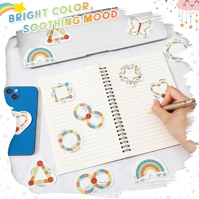 Gersoniel 72 Pcs Anxiety Sensory Stickers Calm Stickers Adhesive Textured Mental Health Strips Mindfulness Fidget Decals Stress Anxiety Relief Items for Desk Therapy Office Counselor(Return Breathe)