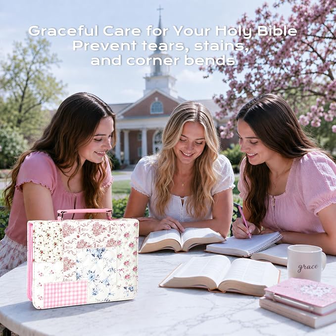 XKDOUS Bible Cover Case for Women Leather Quilted Bible Bag Organizer Large Book Carrying Case with Handle, Pens, Tabs, Study Supplies Journaling Kit Christian Gifts for Mom, Lady