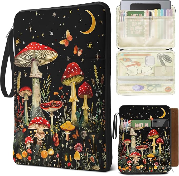 Book Sleeve Book Protector Case, PU Leather Waterproof Kindle Pouch, Cute Book Pouch with Zipper, 12.6"x 9.4" Mushroom Print Portable Book Cover Bag for Book Lovers Gifts Paperbacks Hardcover