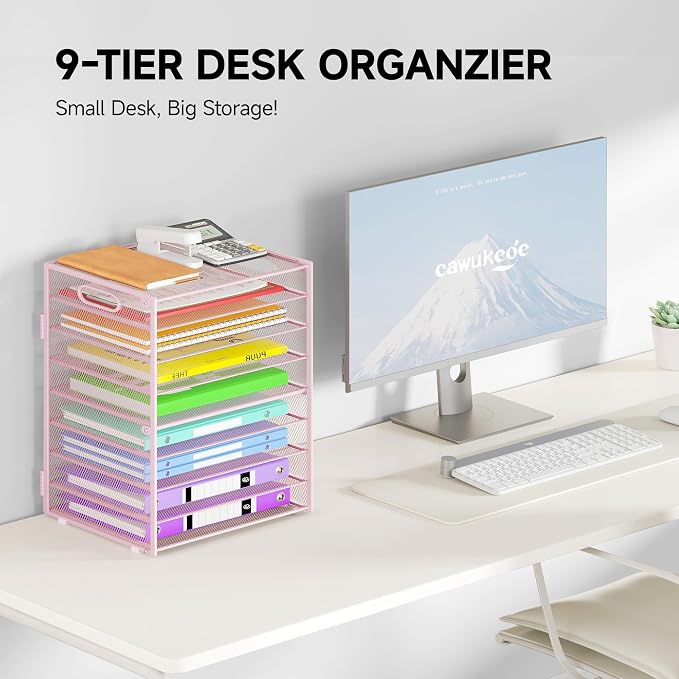 Cawukege 9 Tier Paper Organizer with Handle, Pink Large Capacity Desk Organizer Mesh File Folder Letter Paper Tray Desktop Document Sorter for Classroom, School, and Office Accessories Organization