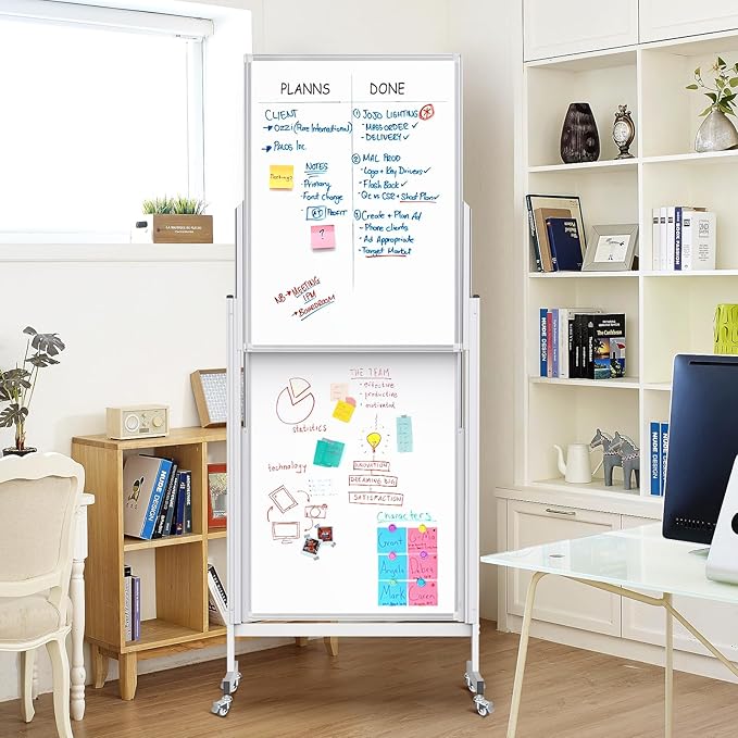 Rolling Whiteboard with Stand, 24x63 Double-Sided Magnetic Dry Erase Board & Cork Board, 4 Writing Surfaces, Adjustable Height Mobile White Board on Wheels for Home, Office, Classroom