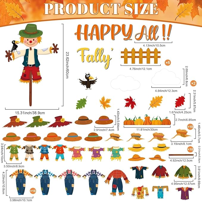 Fall Scarecrow Classroom Bulletin Board Decorations Autumn Pumpkin Maple Leaves Paper Cutouts Fall Scarecrow Classroom Bulletin Board Set DIY Photo Decor for Home School Office Pizza Party Supply