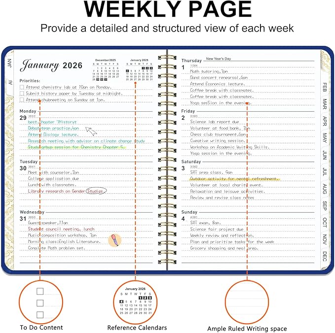 2026 Planner, Weekly and Monthly Academic Year 2026 Calendar(January 2026- December 2026), Agenda Book for School Stuedent, Teacher, Home, Office (Deep Blue(JAN2026-DEC2026))