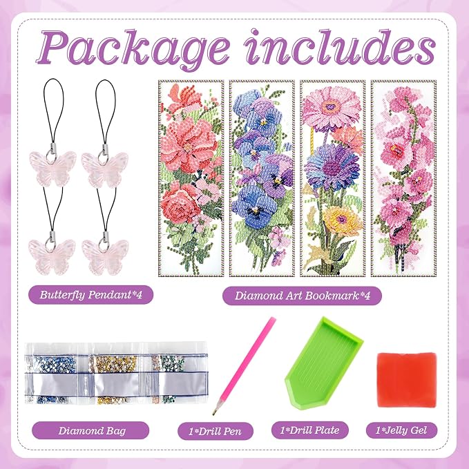 4pcs Flower Diamond Art Bookmarks Kit Floral Diamond Bookmarks for Adults 5D DIY Diamond Art Kit for Spring Reading Lover Book Lover Students DIY Gem Crafts Supplies Gift