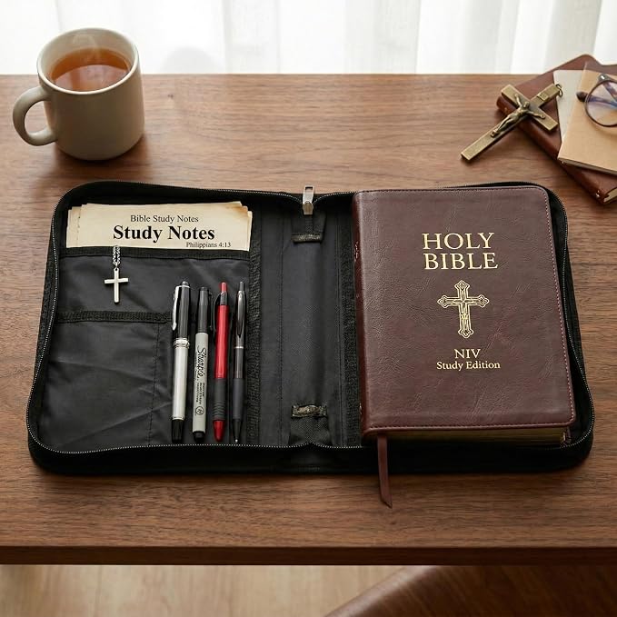 Large Bible Cover Case for Men & Women, Premium Faux Leather Bible Bag with Handle & Zipper, Christian Cross Book Carrying Case & Protector, Bible Study Supplies, Religious Gift(11.2 x 8 x 2.2 in)