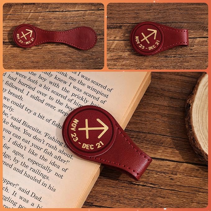 3 PCS Leather Magnetic Bookmark Clips, Zodiac PU Leather Bookmarks for Book Lovers, Full Set of Book Clip Accessories, Fire Sign